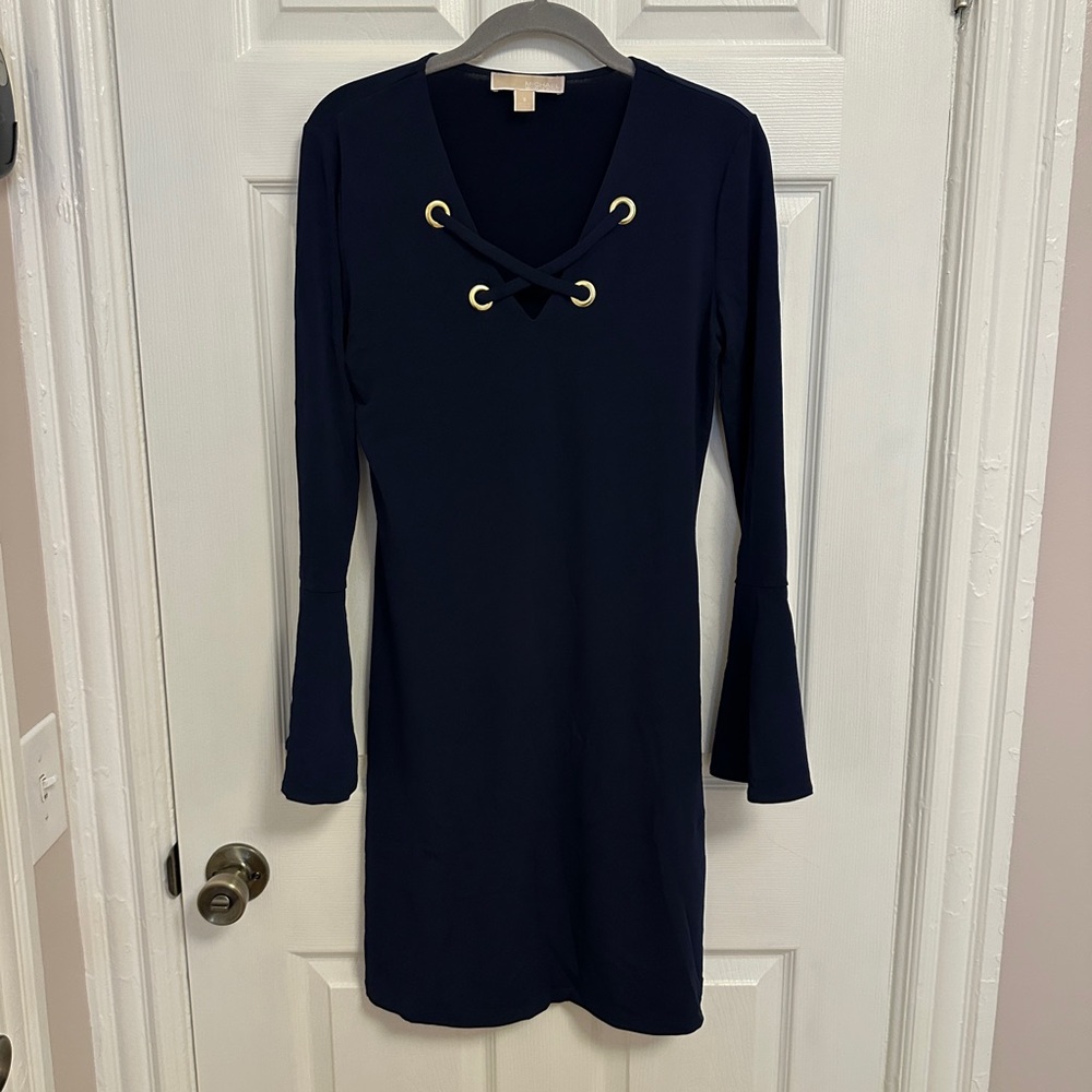 Michael Kors Navy Long Sleeve Dress with Gold Accents